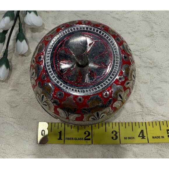 Silver Apple Shaped Decorative Trinket Box With Red Floral Pattern & Lid - Picture 10 of 10